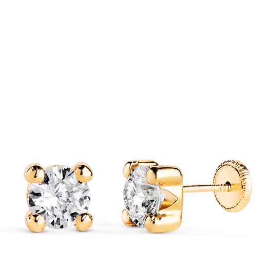 18K Pendientes Oro Amarillo Circonita 6Mm Con 4 Garras. Ancho: 6,5 Mm. Cierre Tuerca
