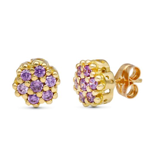 18K Pendientes Oro Amarillo Circonita Amatista 9 Mm Cierre Presion