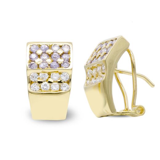18K Pendientes Oro Amarillo Circonita Amatistas Y Blancas Cierre Omega