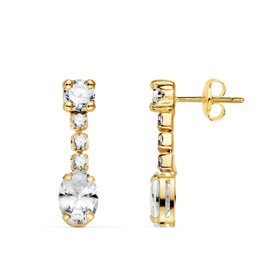 18K Pendientes Oro Amarillo Circonita Blanca En Forma Oval Y Circonitas. 20X5 Mm. Cierre Presion