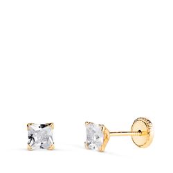 18K Pendientes Oro Amarillo Circonita Cuadrada Con 4 Garras. Ancho: 3,5Mm. Cierre Tuerca