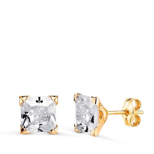 18K Pendientes Oro Amarillo Circonita Cuadrada Con 4 Garras. Ancho: 7Mm. Cierre Presion