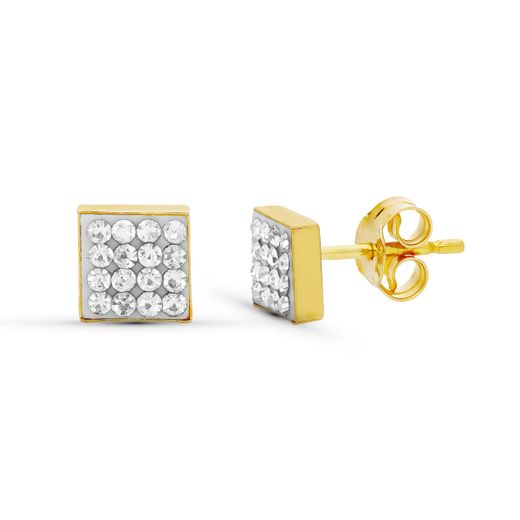 18K Pendientes Oro Amarillo Circonita Cuadrado 4X4 Mm Cierre Presion