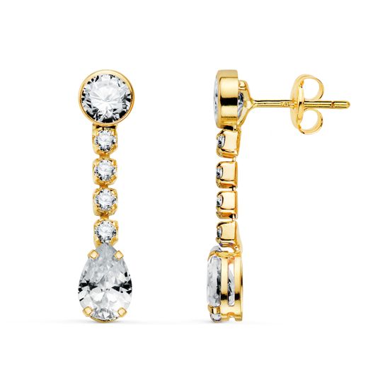 18K Pendientes Oro Amarillo Circonita En Forma De Gota Y Circonitas. 22X5 Mm.Cierre Presion