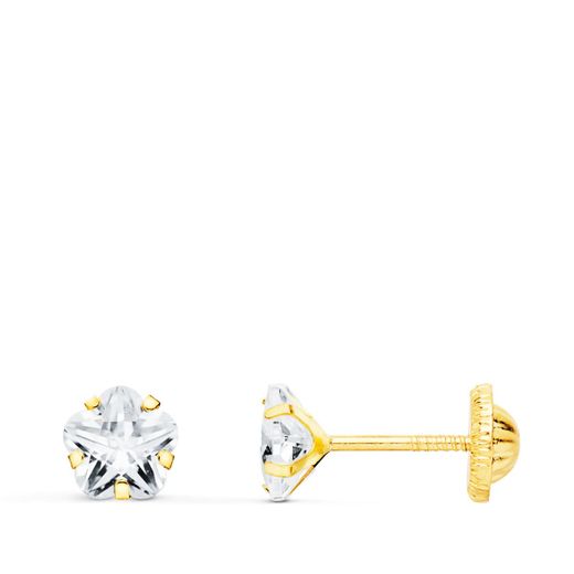 18K Pendientes Oro Amarillo Circonita Flor 5X5 Mm Cierre Tuerca