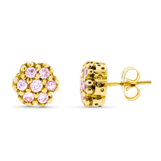 18K Pendientes Oro Amarillo Circonita Rosas 9 Mm Presion