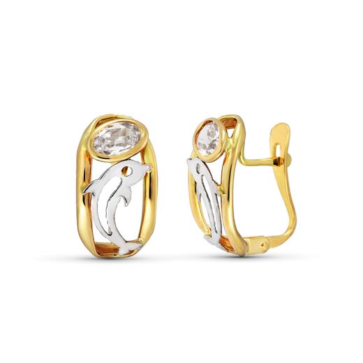 18K Pendientes Oro Amarillo Circonita Y Delfin 15X8 Mm Cierre Catalan