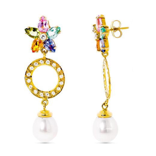 18K Pendientes Oro Amarillo Circonita Y Perla Y Flor De Piedra De Color Cierre Presion