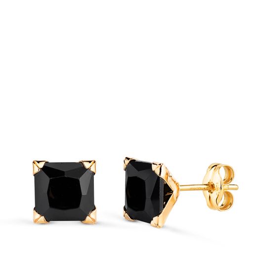 18K Pendientes Oro Amarillo Circonitas Negras Cuadradas Con 4 Garras. Ancho: 7Mm. Cierre Presion