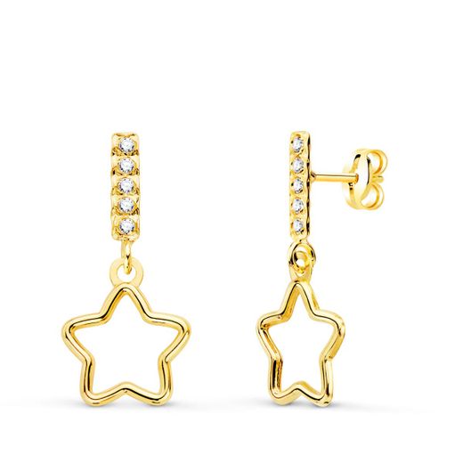 18K Pendientes Oro Amarillo Colgante Estrella Y Circonita 17X8 Mm