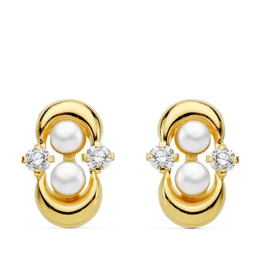 18K Pendientes Oro Amarillo Comunion Perla Y Circonita Cierre Catalan