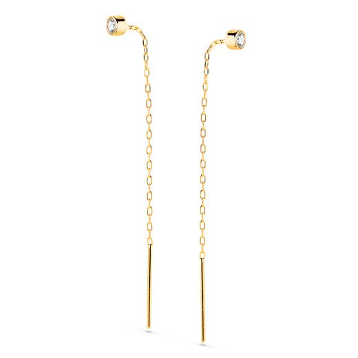18K Pendientes Oro Amarillo Con Circonita Chaton 3Mm Y Cadena. Largo: 55Mm Cierre Presion