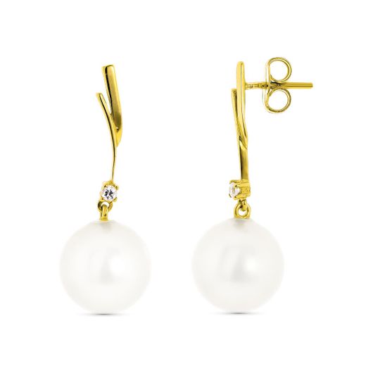 18K Pendientes Oro Amarillo Con Circonita Y Perlas Cierre Presion