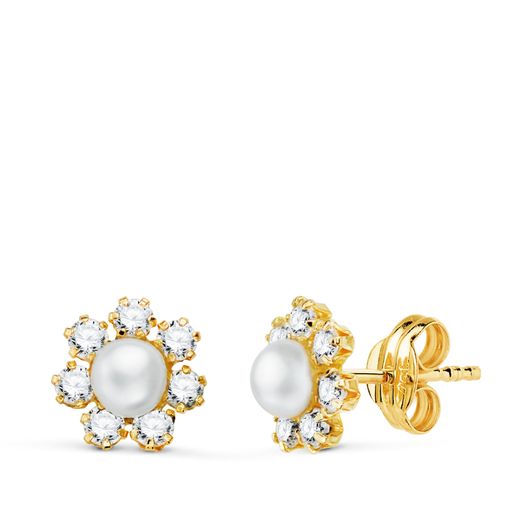 18K Pendientes Oro Amarillo Con Circonitas Y Perla De 4 Mm. Medida: 9X9 Mm. Cierre Presion