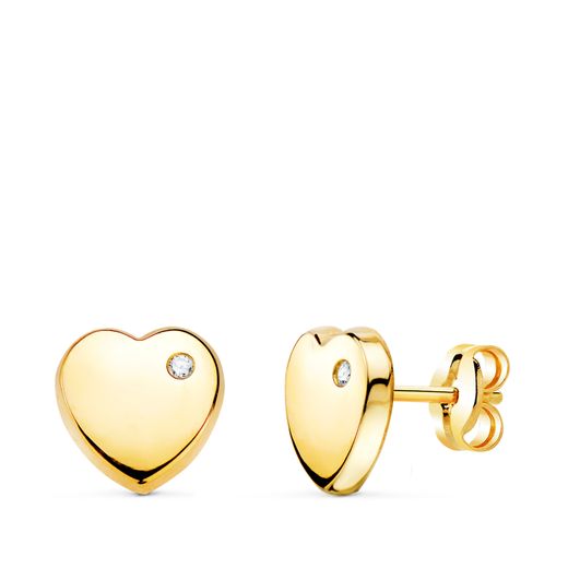 18K Pendientes Oro Amarillo Con Corazon Circonita Brillo 8X8 Mm. Cierre Presion