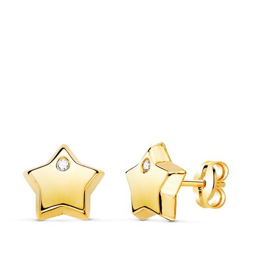 18K Pendientes Oro Amarillo Con Estrella Y Circonita Brillo 8X7,5 Mm. Cierre Presion