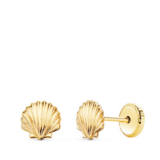 18K Pendientes Oro Amarillo Concha Brillo 6 X 5,5 Mm. Cierre Tuerca