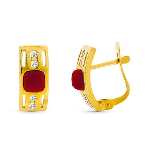 18K Pendientes Oro Amarillo Coral Fino 4 Mm Circonita Cierre Catalán