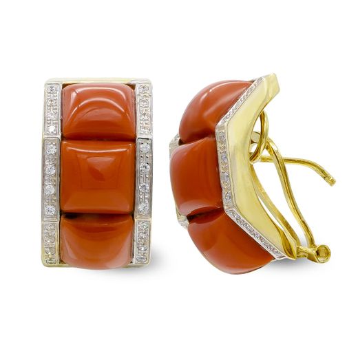 18K Pendientes Oro Amarillo Coral Fino Cerdeña Y Circonita Cierre Omega