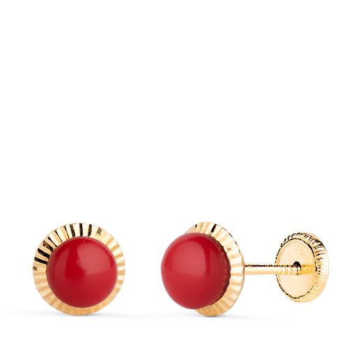 18K Pendientes Oro Amarillo Coral Orla Tallada 7 Mm Cierre Tuerca