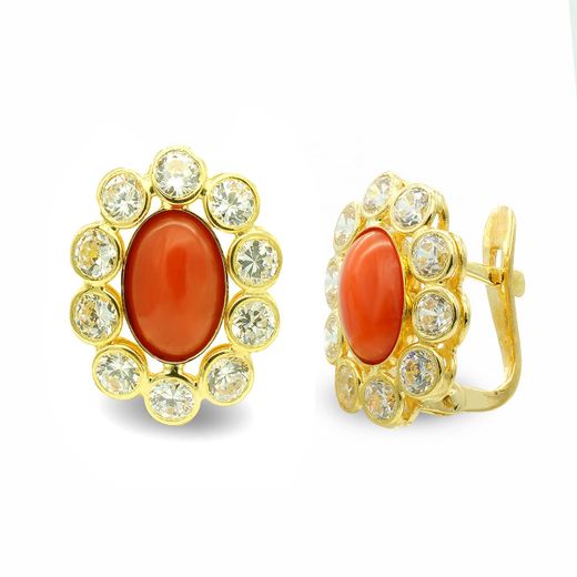 18K Pendientes Oro Amarillo Coral Oval Y Circonita Cierre Catalan