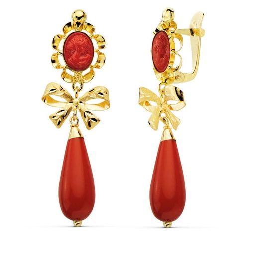 18K Pendientes Oro Amarillo Coralina Camafeo 42X13 Mm Cierre Catalán