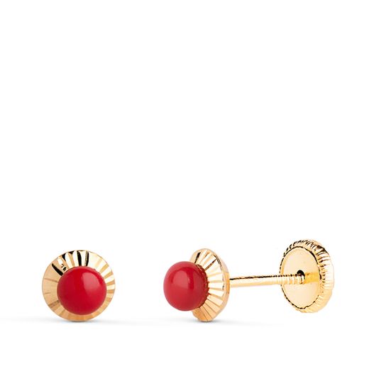 18K Pendientes Oro Amarillo Coralina Orla Tallada 5 Mm. Cierre Tuerca