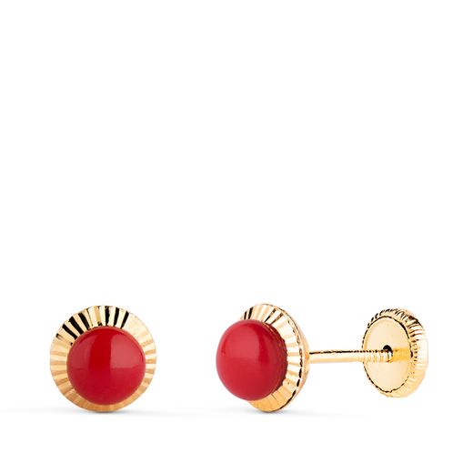 18K Pendientes Oro Amarillo Coralina Orla Tallada 6 Mm Cierre Tuerca
