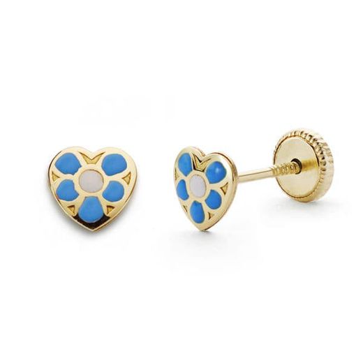 18K Pendientes Oro Amarillo Corazon Azul. 5X5 Mm Cierre Tuerca