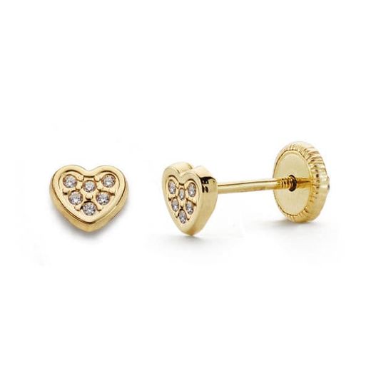 18K Pendientes Oro Amarillo Corazon Circonita 5X4 Mm Cierre Tuerca