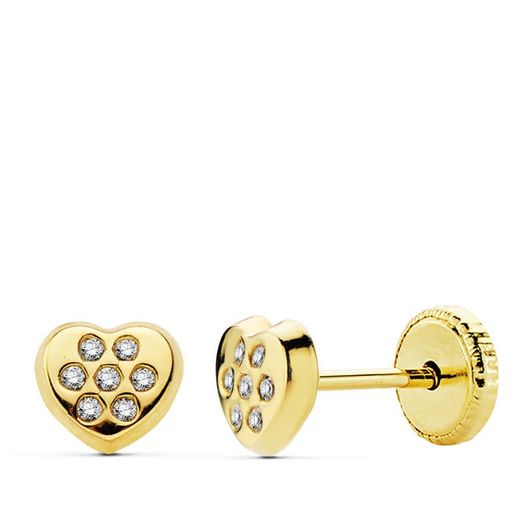 18K Pendientes Oro Amarillo Corazon Circonita 5X5.5 Mm Cierre Tuerca
