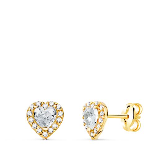 18K Pendientes Oro Amarillo Corazon Circonita Blancas 6,5 X 6,5 Mm. Cierre Presion