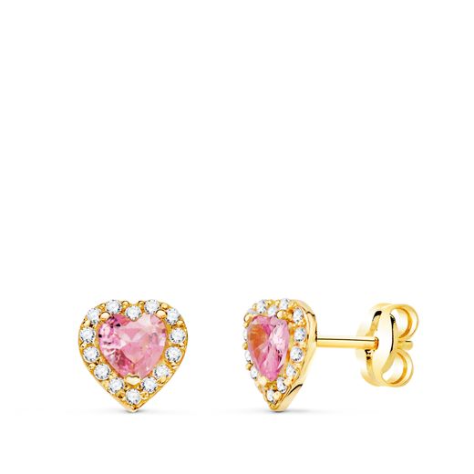 18K Pendientes Oro Amarillo Corazon Circonita Y Piedra Rosa 6,5 X 6,5 Mm. Cierre Presion