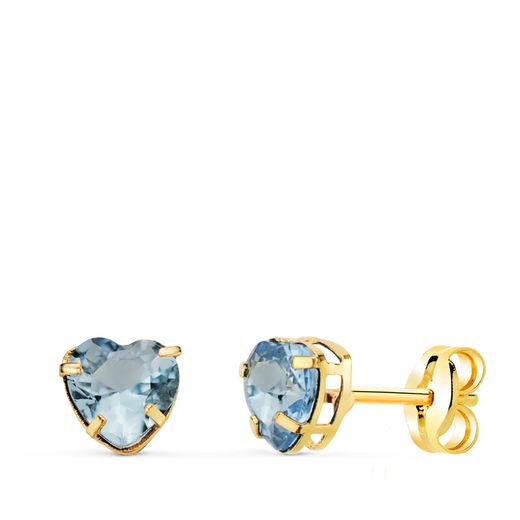 18K Pendientes Oro Amarillo Corazon Con Circonita Aguamarina. Medida: 5X5 Mm. Cierre Presion