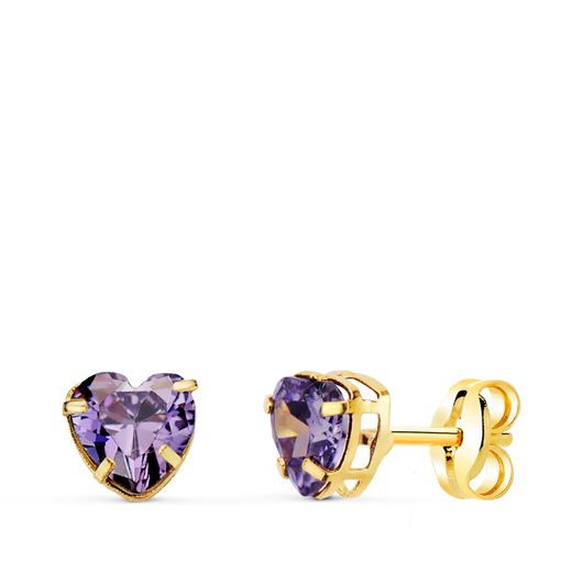 18K Pendientes Oro Amarillo Corazon Con Circonita Amatista. Medida: 5X5 Mm. Cierre Presion