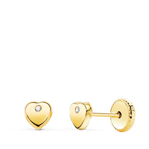 18K Pendientes Oro Amarillo Corazon Con Circonita Brillo 4X4 Mm. Cierre Tuerca