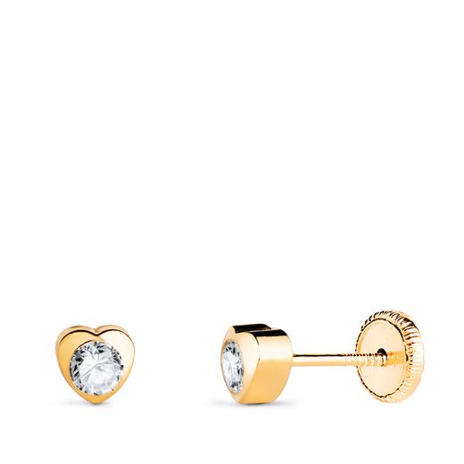 18K Pendientes Oro Amarillo Corazon Con Circonita. Medida: 4 X 4 Mm Cierre Tuerca