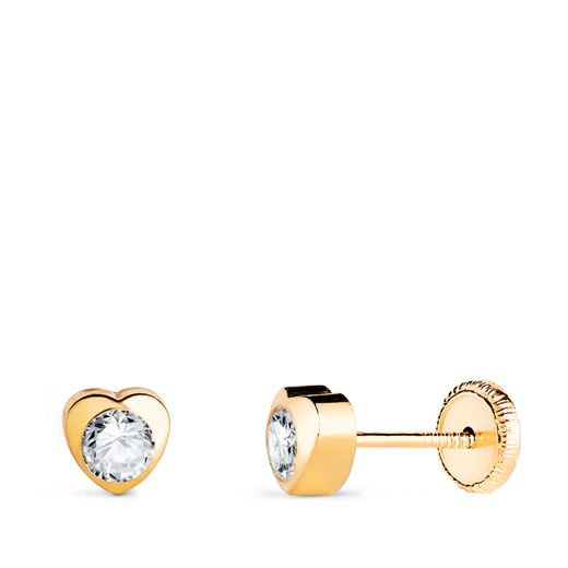18K Pendientes Oro Amarillo Corazon Con Circonita. Medida: 5 X 5 Mm Cierre Tuerca