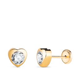 18K Pendientes Oro Amarillo Corazon Con Circonita. Medida: 6 X 6 Mm Cierre Tuerca