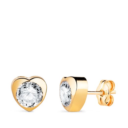 18K Pendientes Oro Amarillo Corazon Con Circonita. Medida: 7,5 X 7,5 Mm Cierre Presion