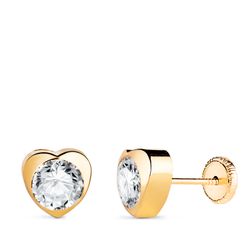 18K Pendientes Oro Amarillo Corazon Con Circonita. Medida: 7,5 X 7,5 Mm Cierre Tuerca