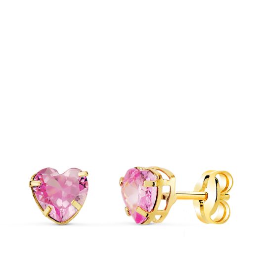 18K Pendientes Oro Amarillo Corazon Con Circonita Rosa. Medida: 5X5 Mm. Cierre Presion