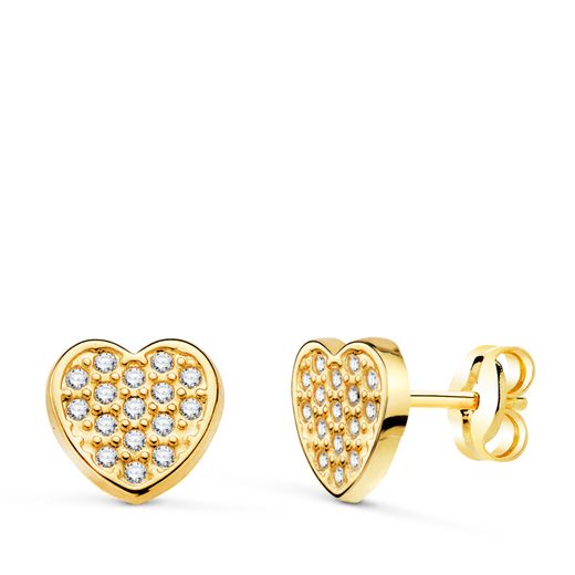 18K Pendientes Oro Amarillo Corazon Con Circonitas. Medida: 7 X 7 Mm. Cierre Presion