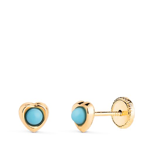 18K Pendientes Oro Amarillo Corazon Con Turquesas De 2,4Mm. Medida: 5 X 5Mm. Cierre Tuerca