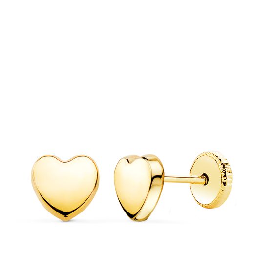 18K Pendientes Oro Amarillo Corazon Liso En Brillo 6X6 Mm. Cierre Tuerca
