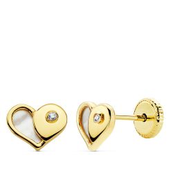 18K Pendientes Oro Amarillo Corazon Nacar 7X5.5 Mm Cierre Tuerca