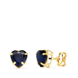 18K Pendientes Oro Amarillo Corazon Piedra Color Azul 6 X 6 Mm. Cierre Presion