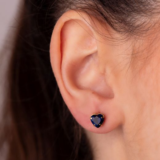 18K Pendientes Oro Amarillo Corazon Piedra Color Azul 6 X 6 Mm. Cierre Presion