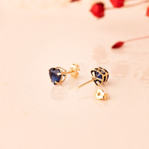 18K Pendientes Oro Amarillo Corazon Piedra Color Azul 6 X 6 Mm. Cierre Presion