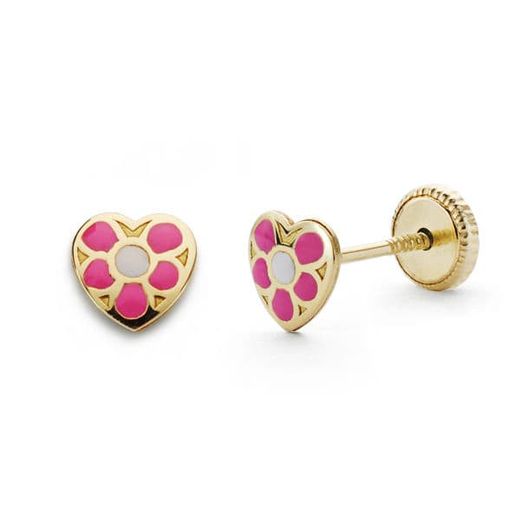 18K Pendientes Oro Amarillo Corazon Rosa 5X5 Mm Cierre Tuerca